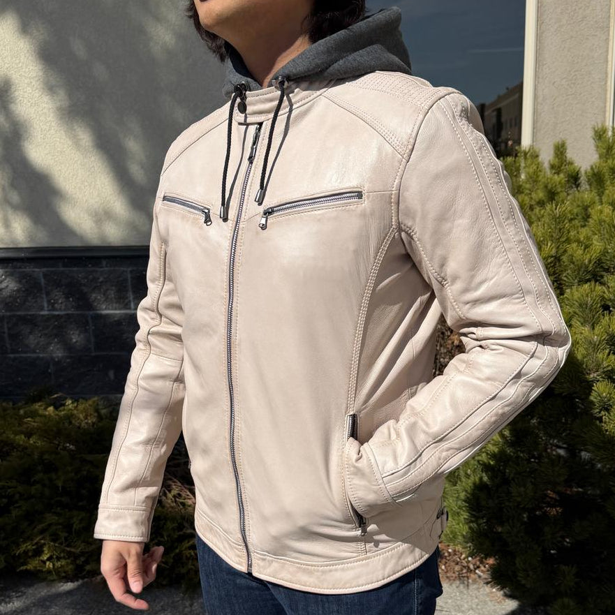 Herren Lederjacke mit Kapuze. Schafslederjacke mit abnehmbarer Kapuze