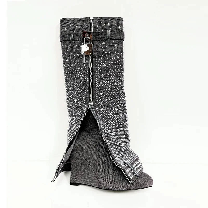 2023 Blue Cowboy Boots Blue Rhinestone Slope Heel Metal Buckle Waterproof Breathable Zip Winter Street Boots for Women Sizes