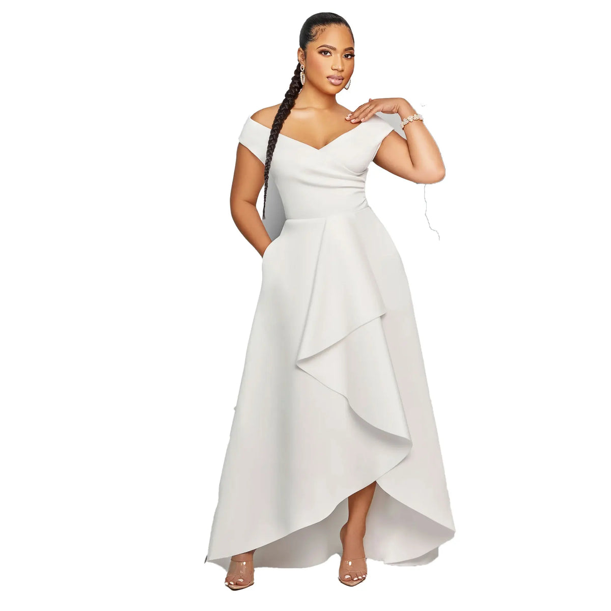 S10629 Trendy Dresses Women Casual Gowns for Women Evening Dresses Elegant Slim One Shoulder Sleeveless V-neck Ladies Dresses