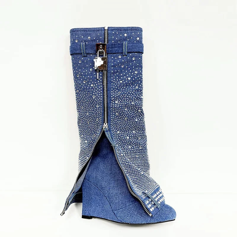 2023 Blue Cowboy Boots Blue Rhinestone Slope Heel Metal Buckle Waterproof Breathable Zip Winter Street Boots for Women Sizes