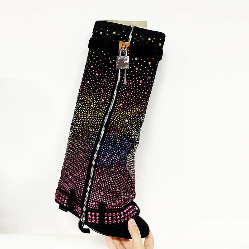 2023 Blue Cowboy Boots Blue Rhinestone Slope Heel Metal Buckle Waterproof Breathable Zip Winter Street Boots for Women Sizes