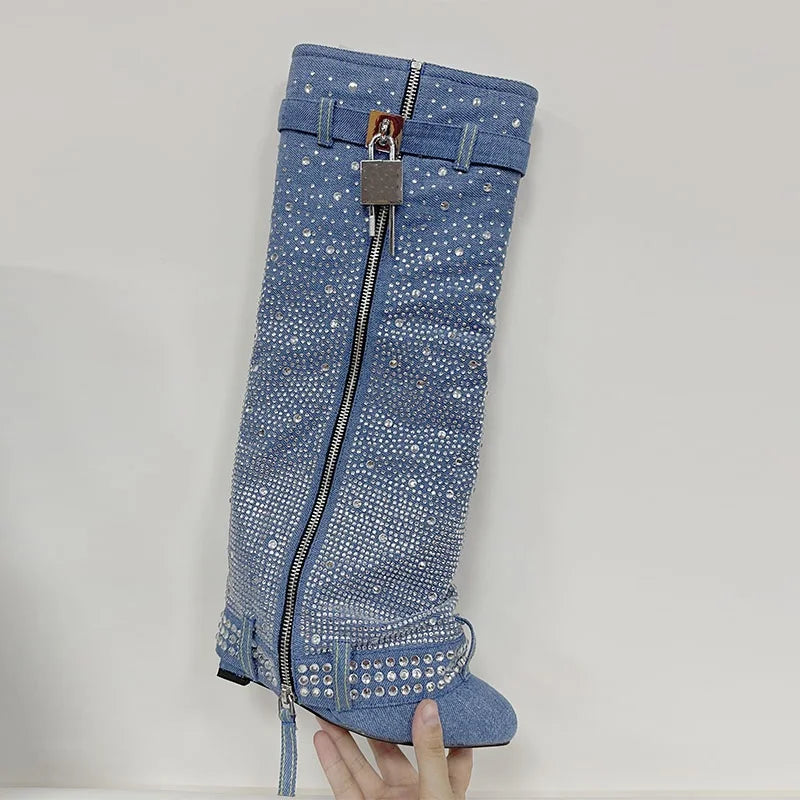 2023 Blue Cowboy Boots Blue Rhinestone Slope Heel Metal Buckle Waterproof Breathable Zip Winter Street Boots for Women Sizes
