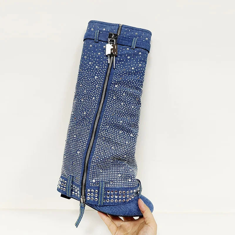 2023 Blue Cowboy Boots Blue Rhinestone Slope Heel Metal Buckle Waterproof Breathable Zip Winter Street Boots for Women Sizes