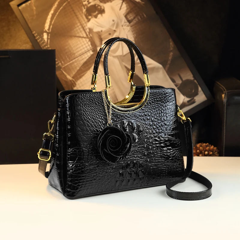 Damenhandtaschen aus echtem Leder Krokodilmuster Damen Schultertasche mit Blumenquaste Messenger Bag Mode Hochzeit Henkeltaschen