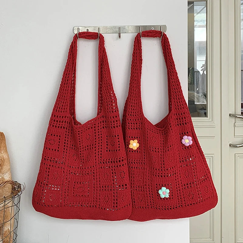 Einfache Häkel-Tragetaschen Mode Hohl gestrickte Damentaschen Lässige Damen-Umhängetaschen Damen-Einkaufstaschen mit Griff oben