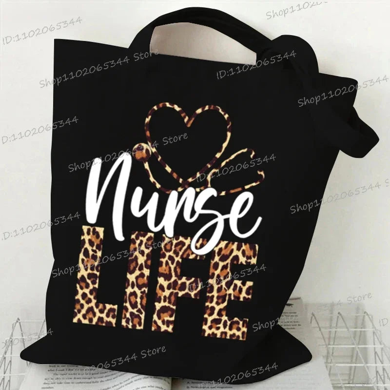 Krankenschwester Leben Damen Handtaschen Leopard Stethoskop Buchstaben Leinwand Tragetaschen Mode Einkaufstasche Medizin Krankenschwester Umhängetaschen