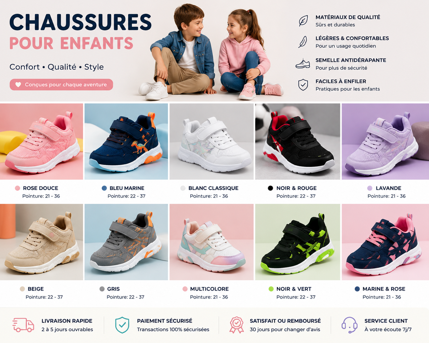 Chaussures Enfant Confort Premium – Légères, Antidérapantes et Élégantes