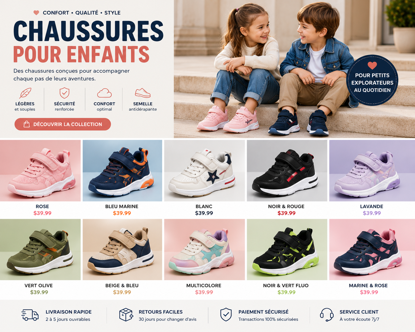 Chaussures Enfant Confort Premium – Légères, Antidérapantes et Élégantes