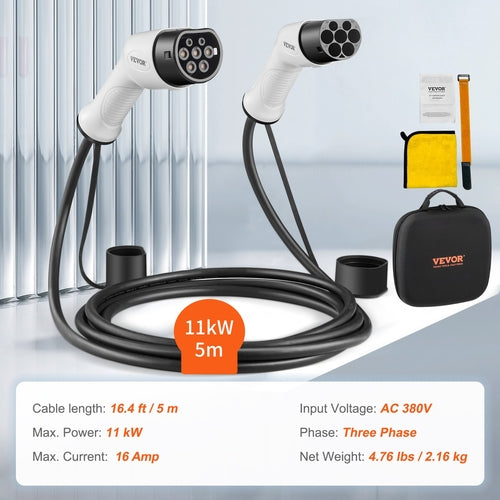 Type 2 to Type 2 EV Charging Cable, 16Amp, 11kW 5 Meters Three Phase