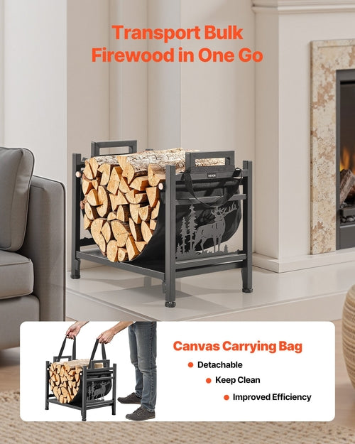 Indoor Firewood Rack, 45cm Curved Log Holder with Canvas Carrier, 18kg